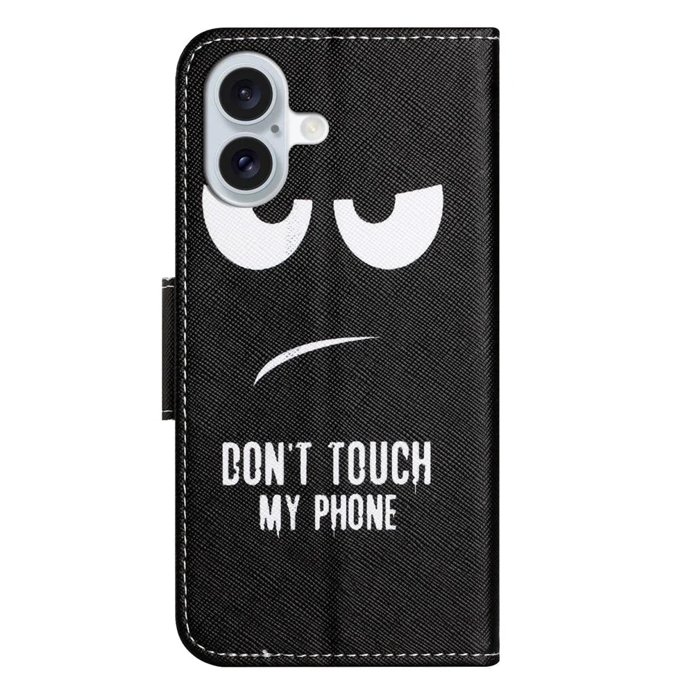 For iPhone 16 Plus Case Pattern Printing Cross Texture Phone Leather Cover - Don't Touch My Phone - 5