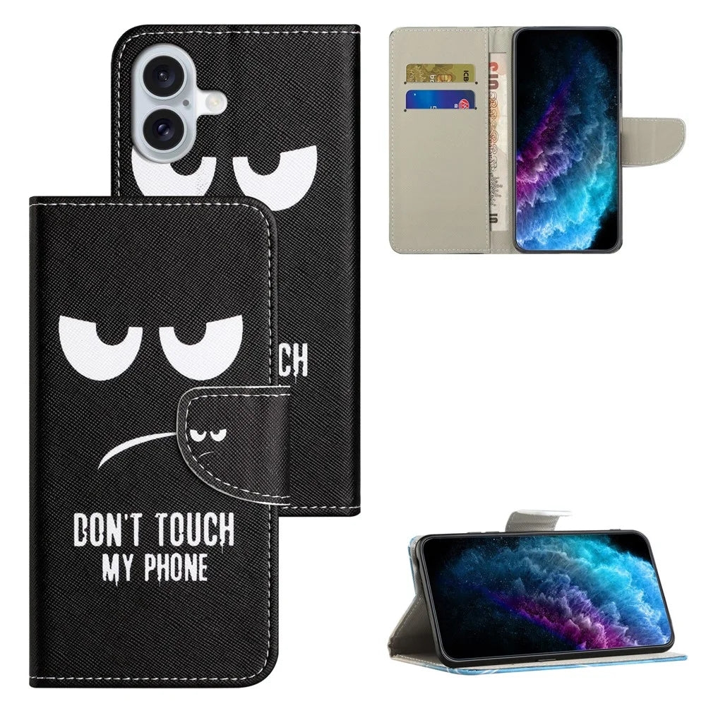For iPhone 16 Plus Case Pattern Printing Cross Texture Phone Leather Cover - Don't Touch My Phone - 6
