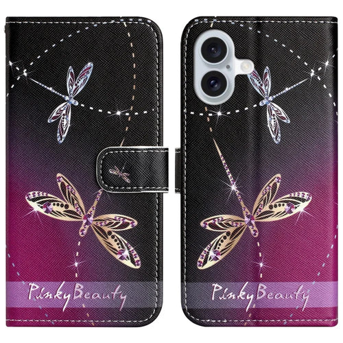 For iPhone 16 Plus Case Pattern Print PU Leather Wallet Phone Cover Cross Texture - Dragonfly - 1