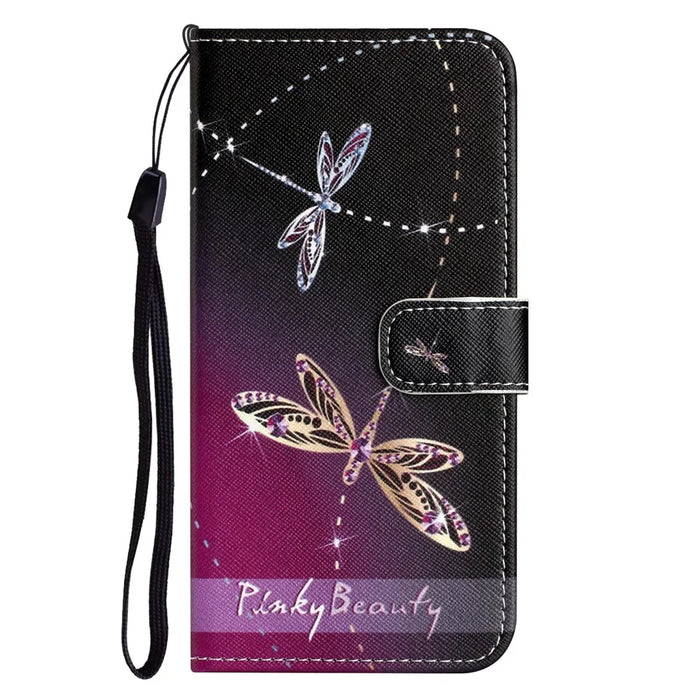 For iPhone 16 Plus Case Pattern Print PU Leather Wallet Phone Cover Cross Texture - Dragonfly - 4