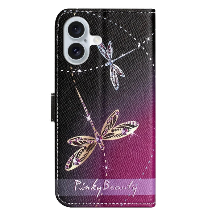 For iPhone 16 Plus Case Pattern Print PU Leather Wallet Phone Cover Cross Texture - Dragonfly - 5