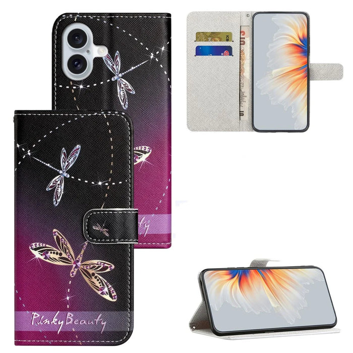 For iPhone 16 Plus Case Pattern Print PU Leather Wallet Phone Cover Cross Texture - Dragonfly - 6