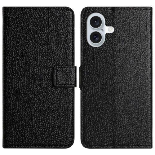 For iPhone 16 Plus Case Litchi Texture PU Leather Wallet Folio Flip Phone Cover, Black - 1