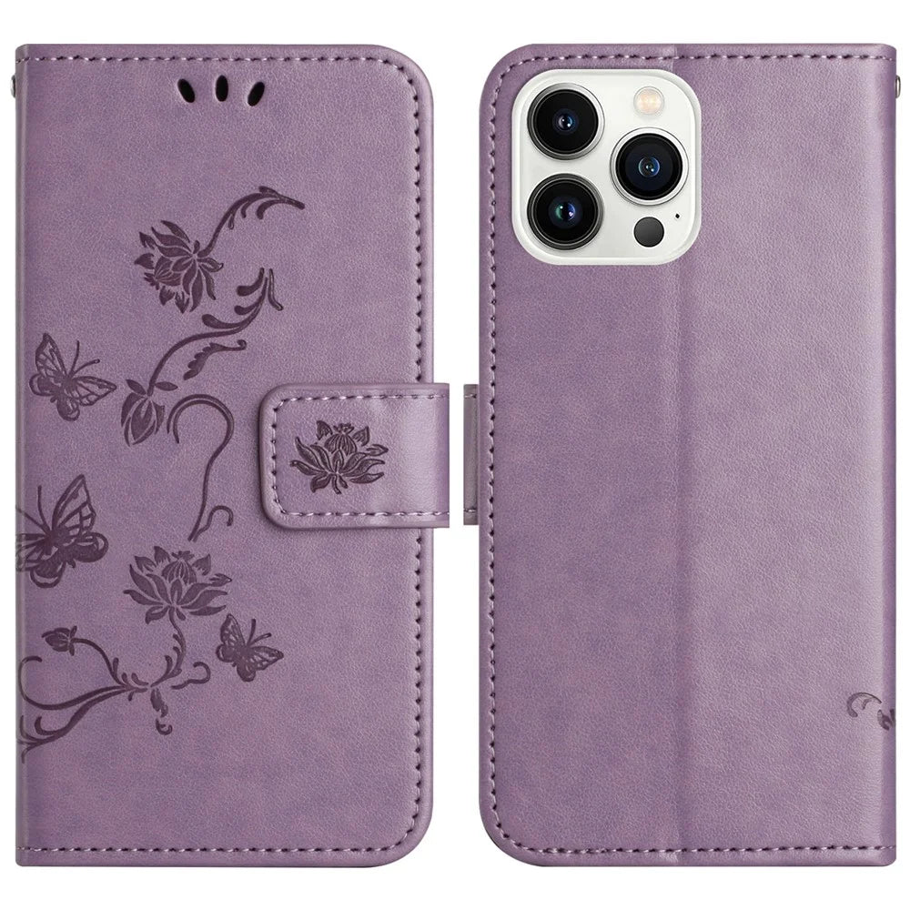 For iPhone 16 Pro Max Case Wallet Stand Butterfly Flower PU Leather Phone Cover - Purple - 1