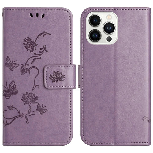 For iPhone 16 Pro Max Case Wallet Stand Butterfly Flower PU Leather Phone Cover - Purple - 1