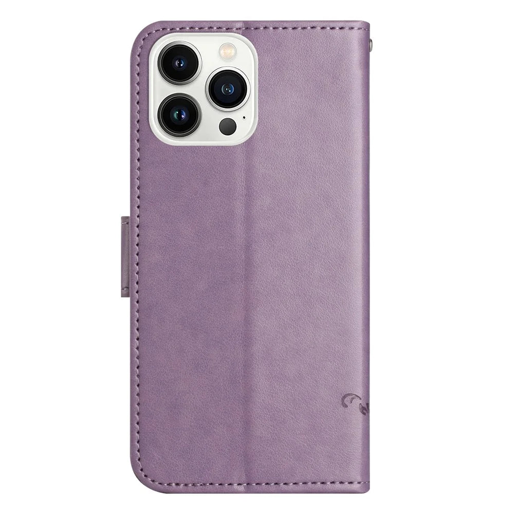 For iPhone 16 Pro Max Case Wallet Stand Butterfly Flower PU Leather Phone Cover - Purple - 5