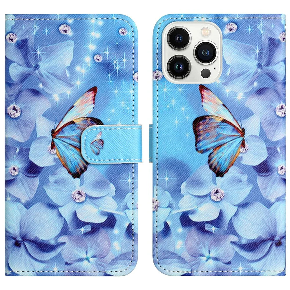 For iPhone 16 Pro Max Wallet Case PU Leather Phone Cover Cross Texture Pattern Print - Flower and Butterfly - 1