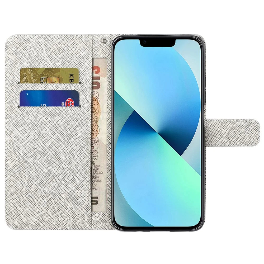 For iPhone 16 Pro Max Wallet Case PU Leather Phone Cover Cross Texture Pattern Print - Flower and Butterfly - 2