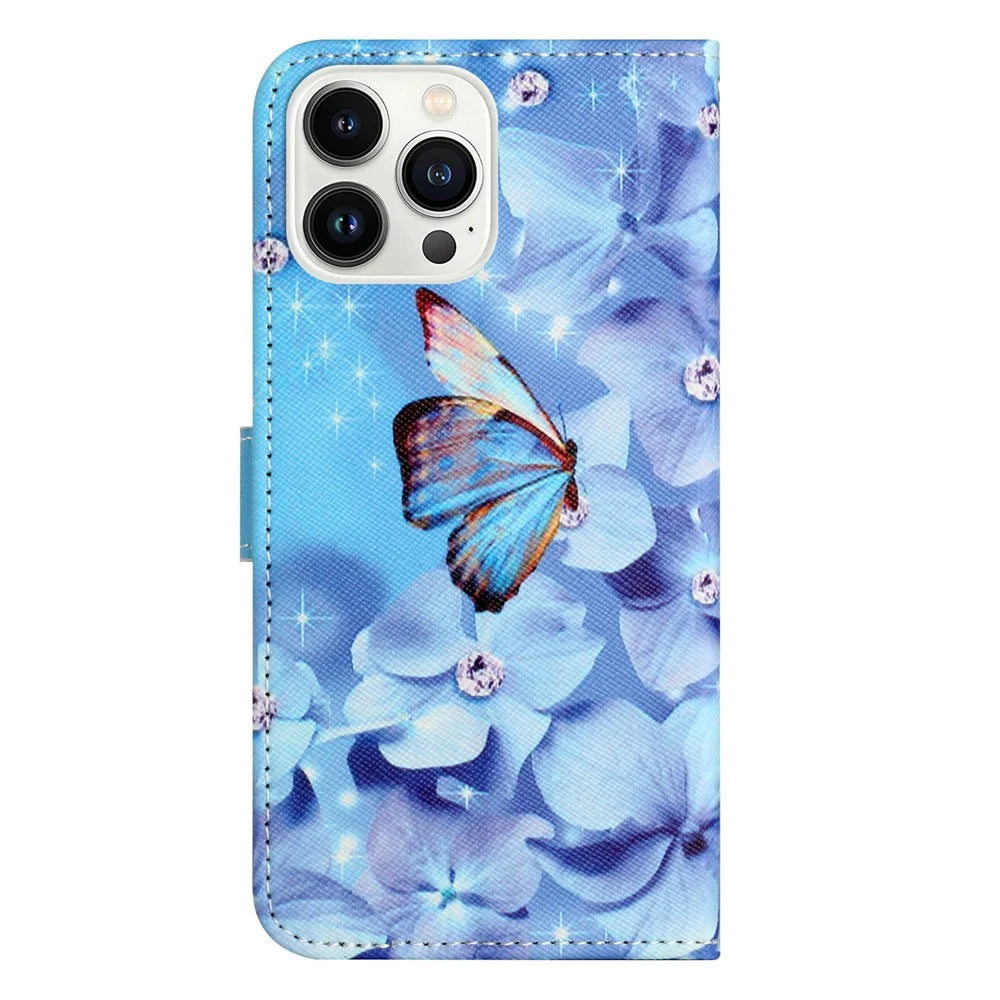 For iPhone 16 Pro Max Wallet Case PU Leather Phone Cover Cross Texture Pattern Print - Flower and Butterfly - 5