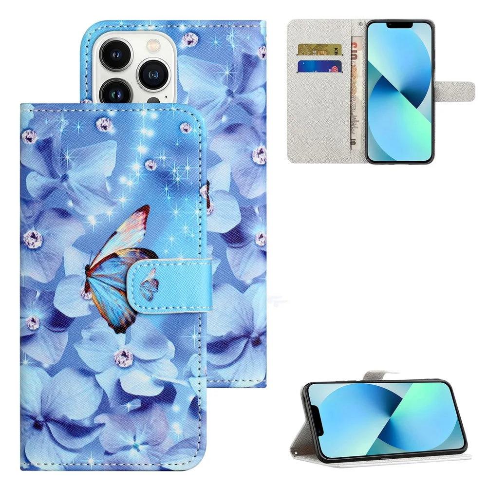 For iPhone 16 Pro Max Wallet Case PU Leather Phone Cover Cross Texture Pattern Print - Flower and Butterfly - 6