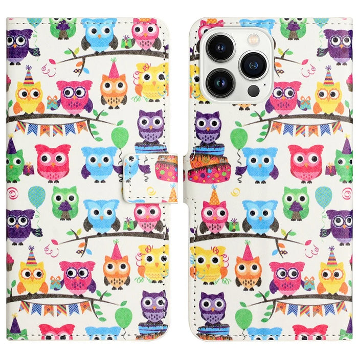 For iPhone 16 Pro Max Case PU Leather Wallet Phone Cover Pattern Print - Owls Sticker - 1