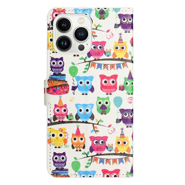 For iPhone 16 Pro Max Case PU Leather Wallet Phone Cover Pattern Print - Owls Sticker - 5