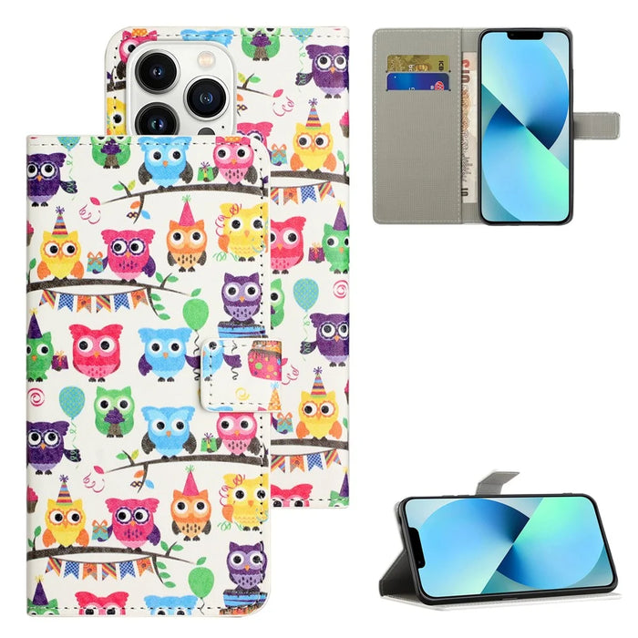 For iPhone 16 Pro Max Case PU Leather Wallet Phone Cover Pattern Print - Owls Sticker - 6