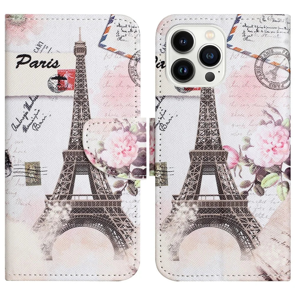 For iPhone 16 Pro Max Case Cross Texture Phone Leather Cover Pattern Printing - Tower - 1