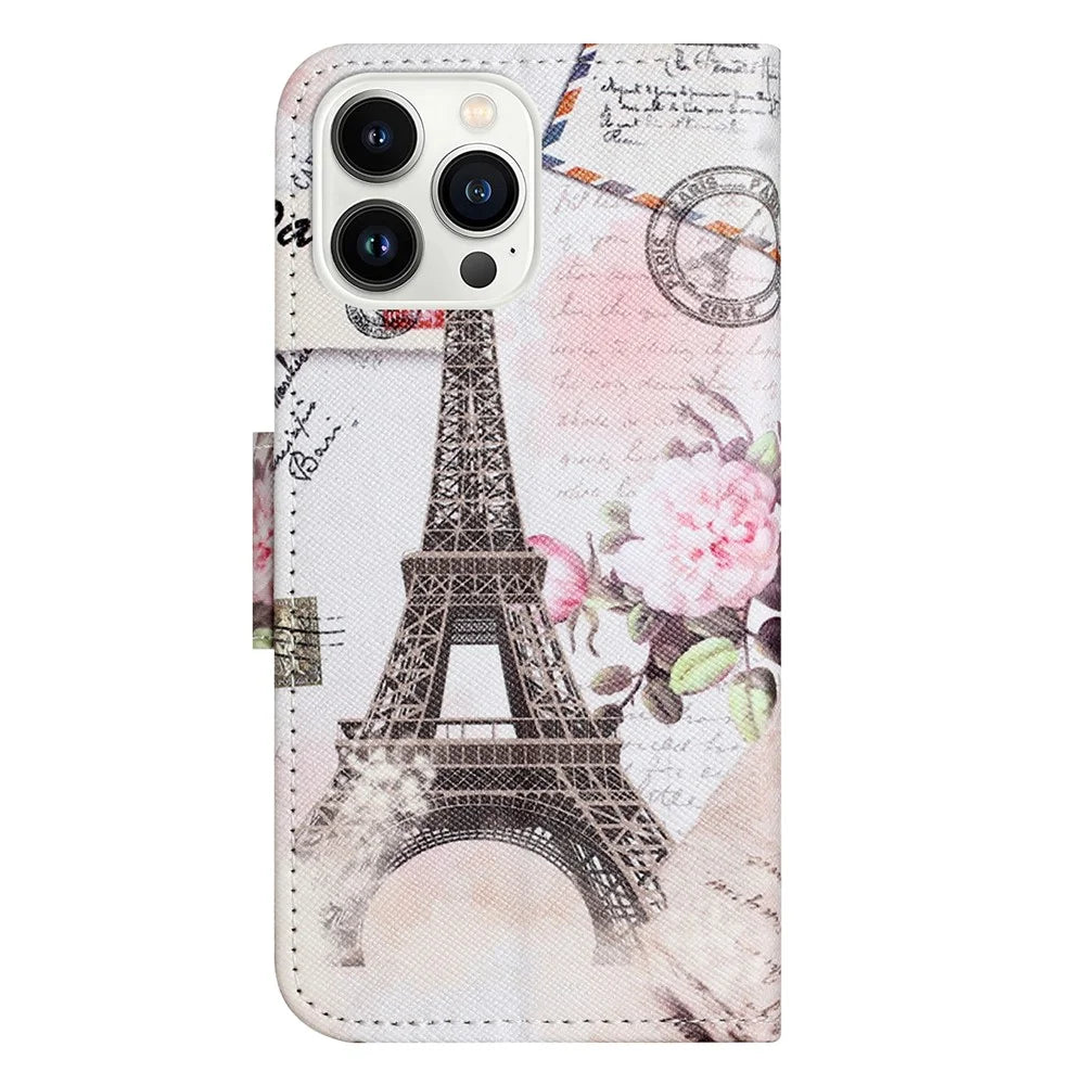 For iPhone 16 Pro Max Case Cross Texture Phone Leather Cover Pattern Printing - Tower - 5