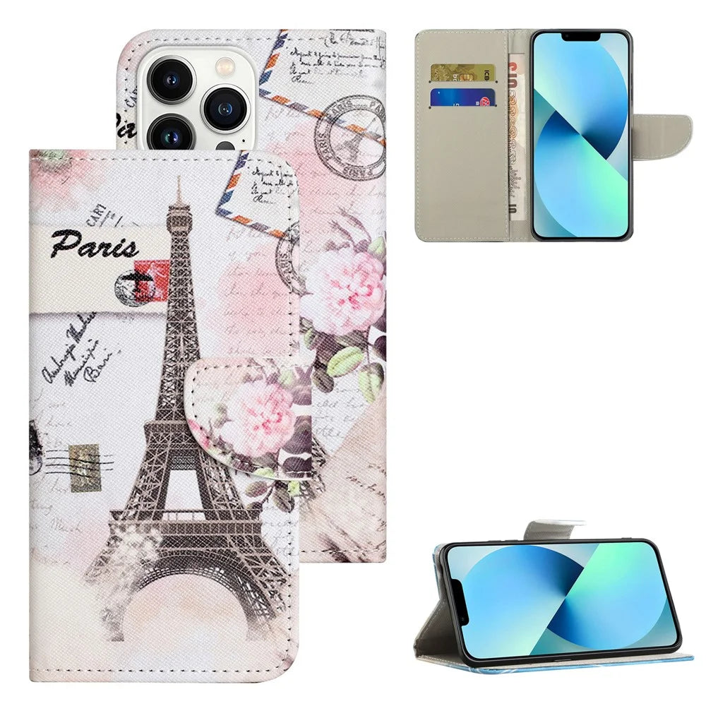 For iPhone 16 Pro Max Case Cross Texture Phone Leather Cover Pattern Printing - Tower - 6