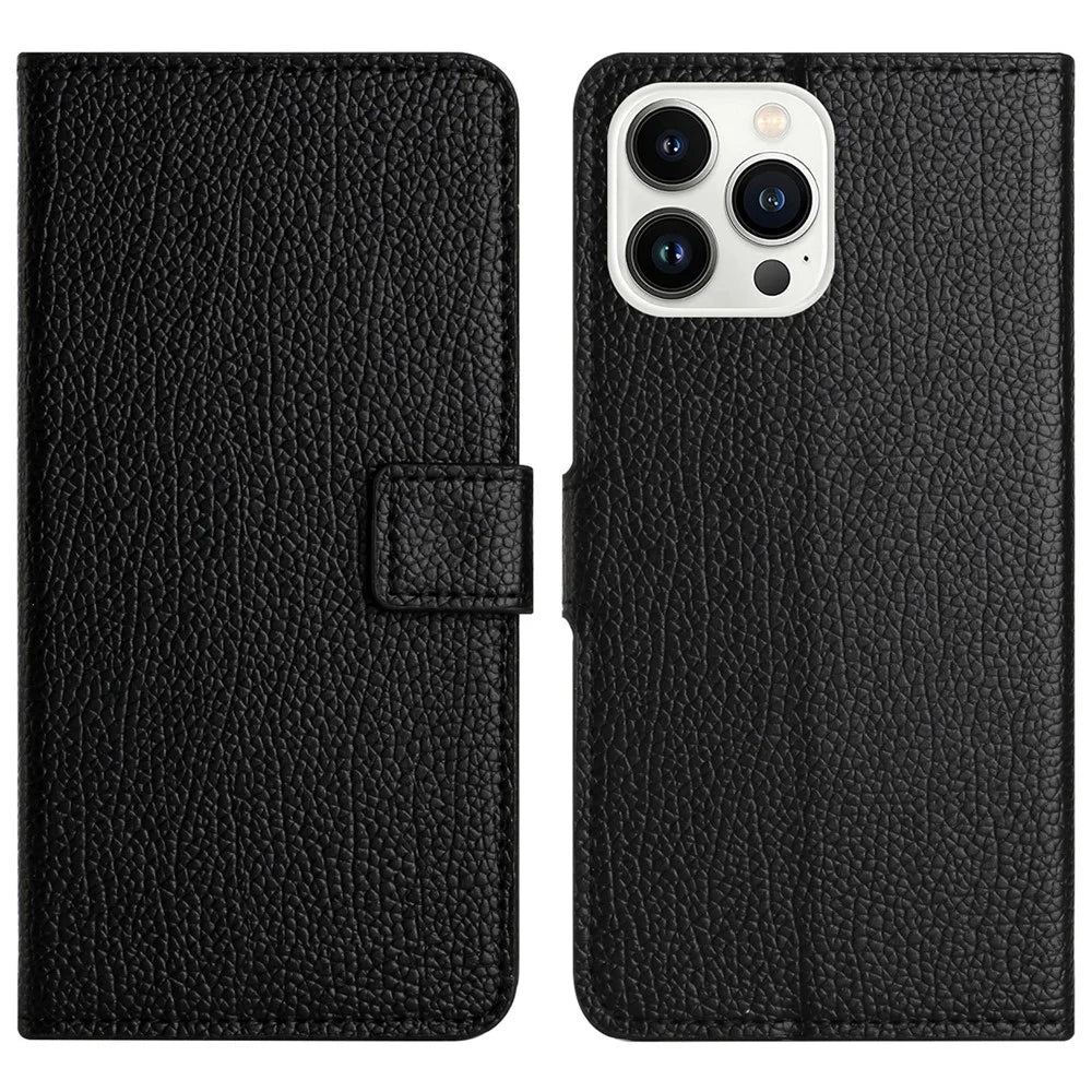 For iPhone 16 Pro Max Case PU Leather Wallet Phone Cover Litchi Texture, Black - 1