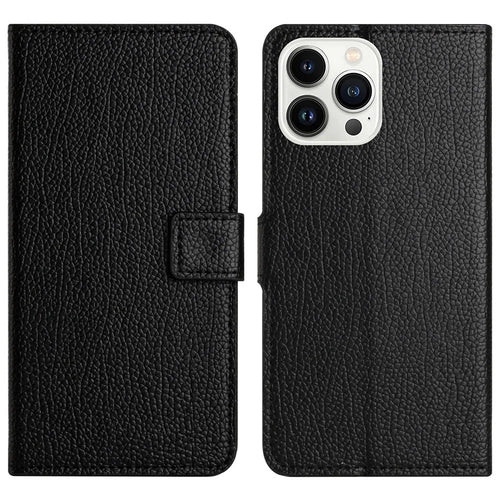 For iPhone 16 Pro Max Case PU Leather Wallet Phone Cover Litchi Texture, Black - 1