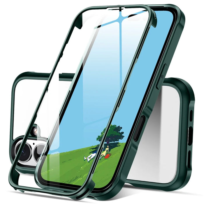 For iPhone 16 Plus Case Double-Sided Tempered Glass+Silicone+TPU Phone Cover - Midnight Green - 1