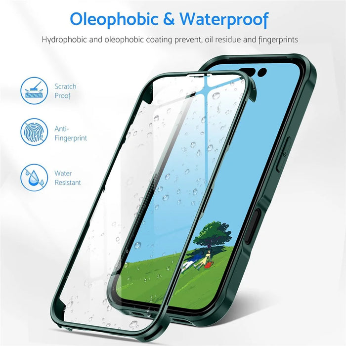 For iPhone 16 Plus Case Double-Sided Tempered Glass+Silicone+TPU Phone Cover - Midnight Green - 6