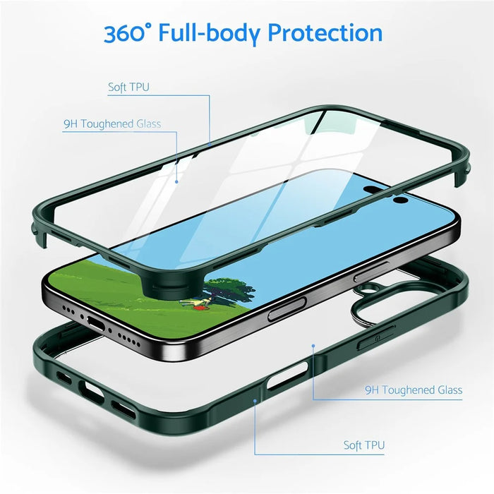 For iPhone 16 Plus Case Double-Sided Tempered Glass+Silicone+TPU Phone Cover - Midnight Green - 7