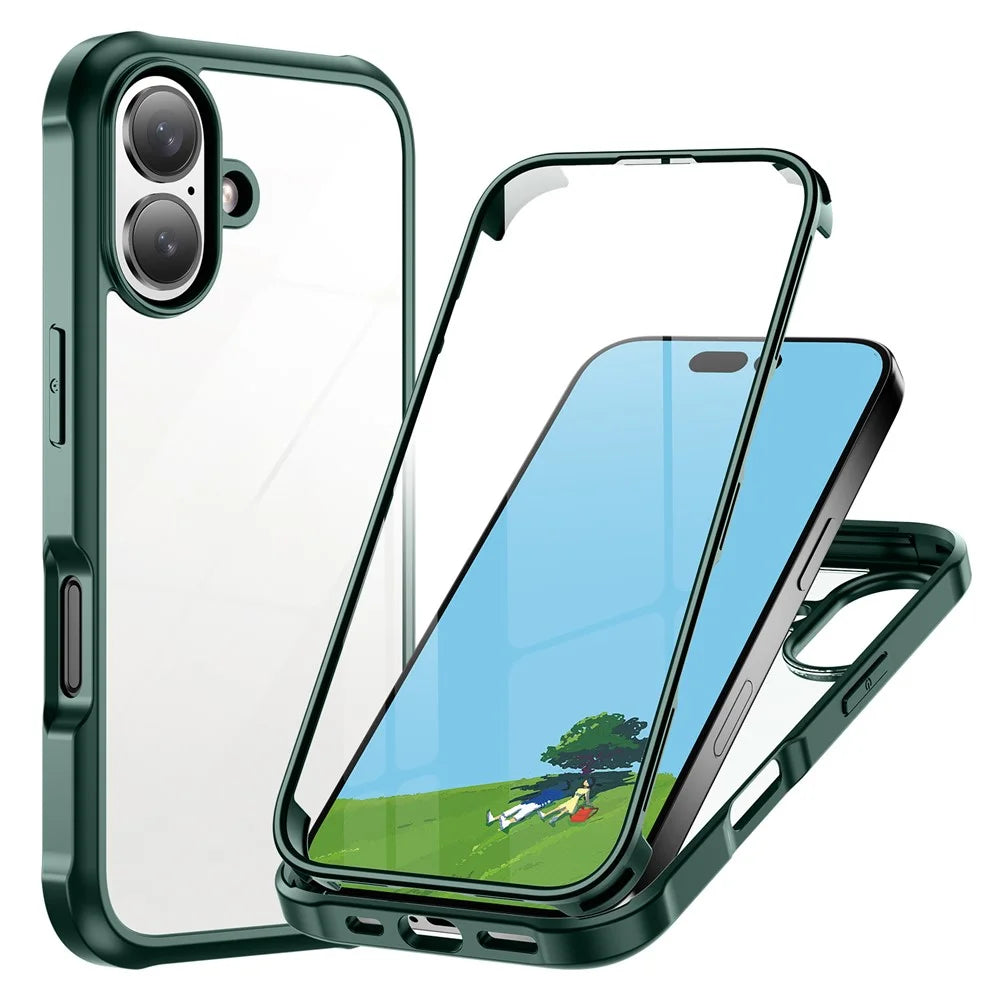 For iPhone 16 Case Double-Sided Tempered Glass+Silicone+TPU Full Protection Phone Cover - Midnight Green - 2