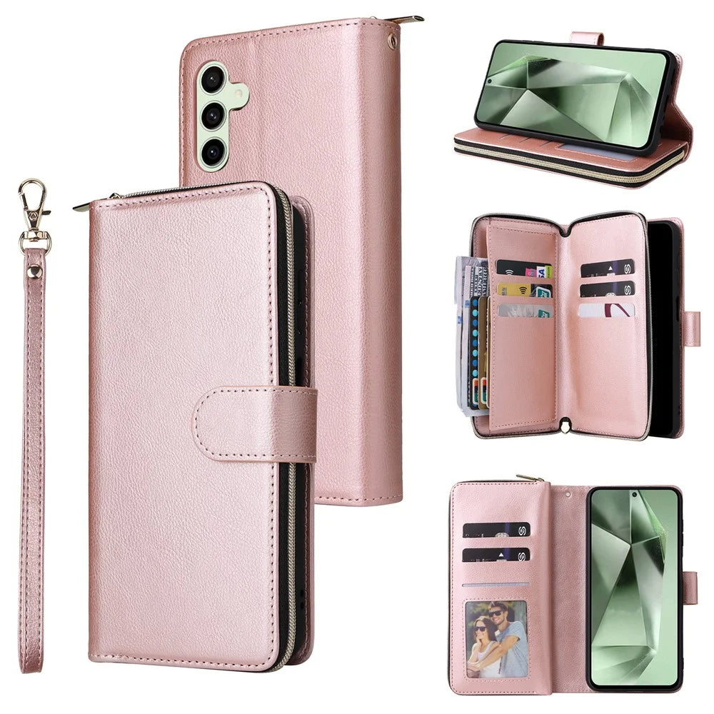 For Samsung Galaxy S24 FE Case Zipper Pocket PU Leather Phone Cover with Hand Strap - Rose Gold - 1