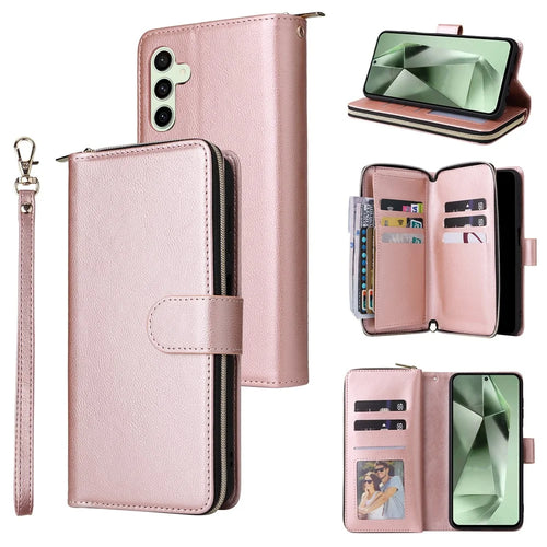 For Samsung Galaxy S24 FE Case Zipper Pocket PU Leather Phone Cover with Hand Strap - Rose Gold - 1