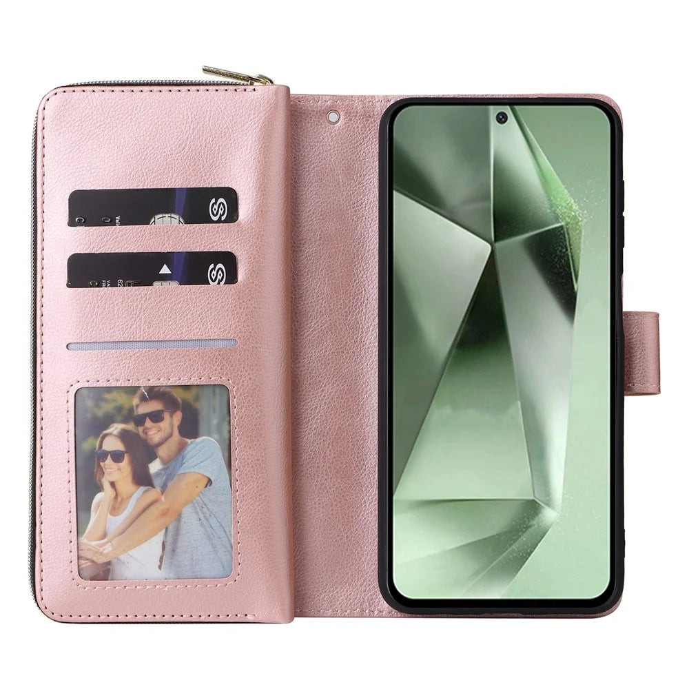 For Samsung Galaxy S24 FE Case Zipper Pocket PU Leather Phone Cover with Hand Strap - Rose Gold - 2