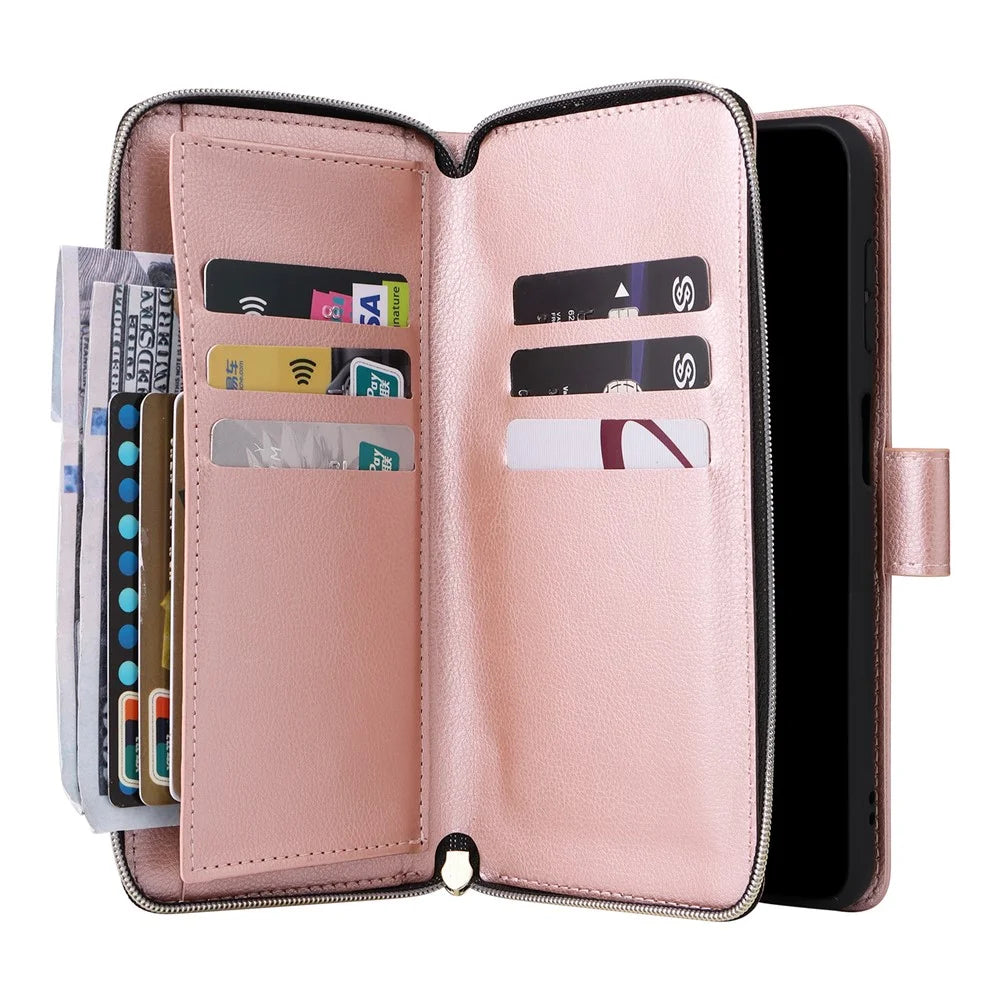 For Samsung Galaxy S24 FE Case Zipper Pocket PU Leather Phone Cover with Hand Strap - Rose Gold - 3