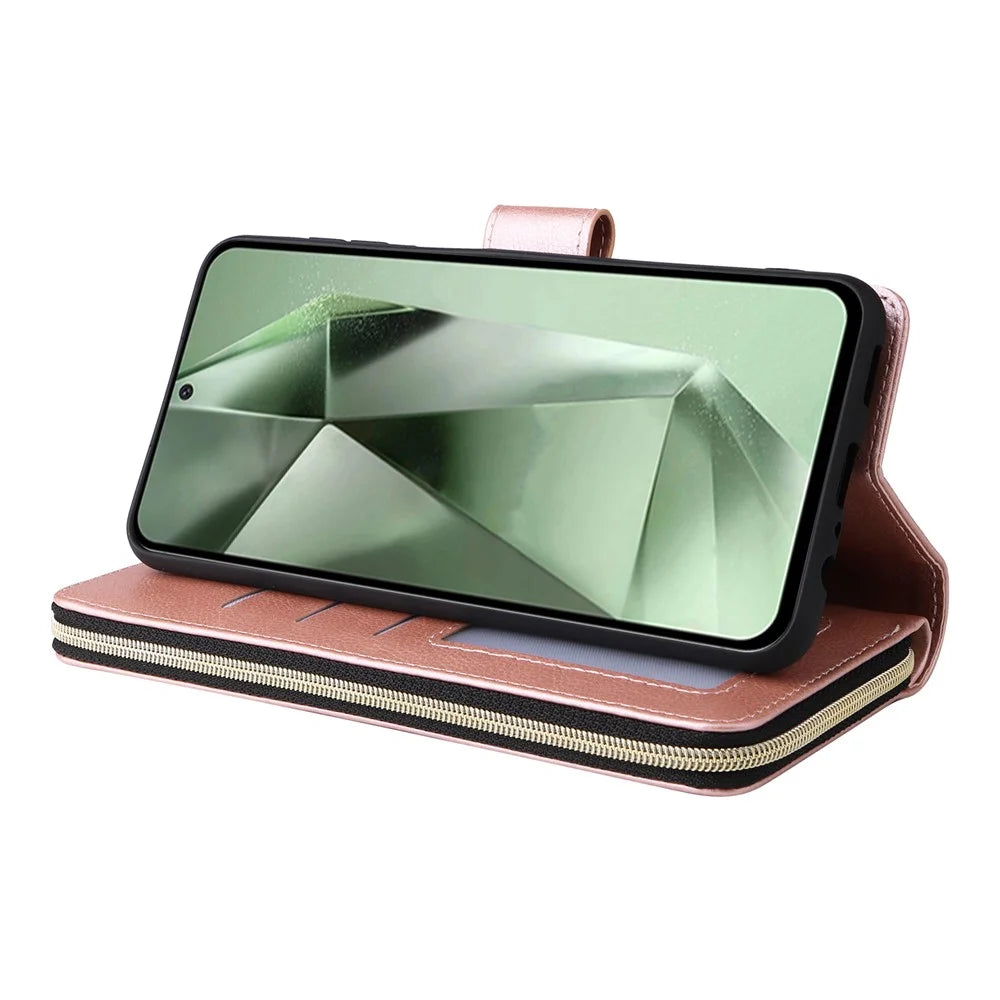 For Samsung Galaxy S24 FE Case Zipper Pocket PU Leather Phone Cover with Hand Strap - Rose Gold - 4