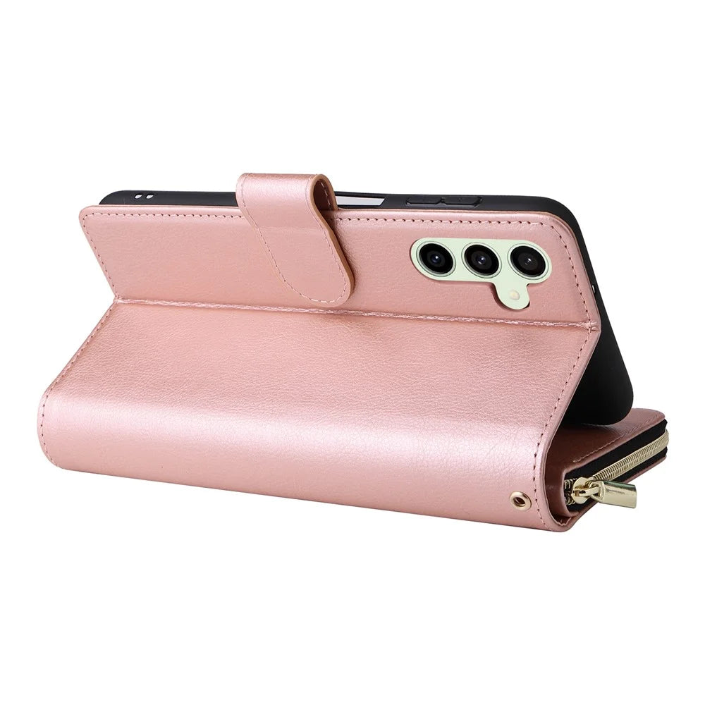 For Samsung Galaxy S24 FE Case Zipper Pocket PU Leather Phone Cover with Hand Strap - Rose Gold - 5