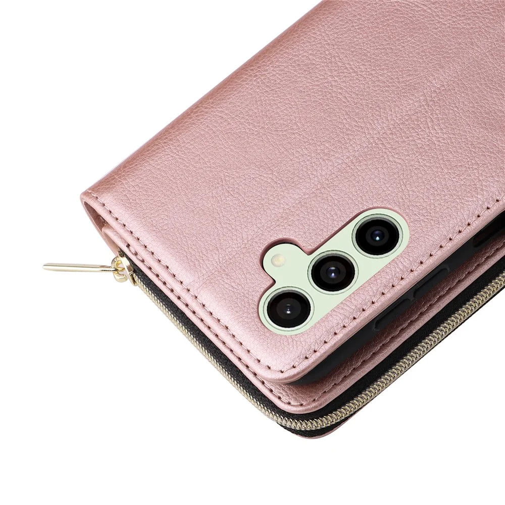 For Samsung Galaxy S24 FE Case Zipper Pocket PU Leather Phone Cover with Hand Strap - Rose Gold - 6