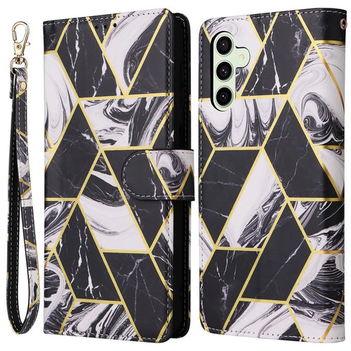 For Samsung Galaxy S24 FE Case Lacquered Marble Pattern Leather Phone Cover - Black - 1