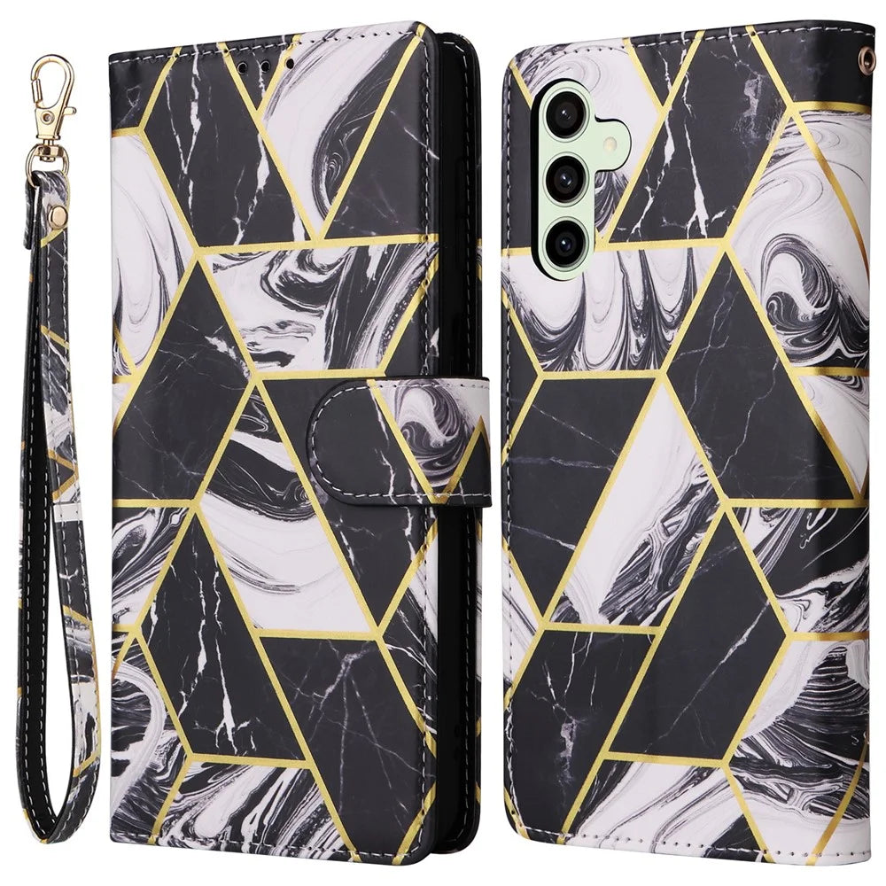 For Samsung Galaxy S24 FE Case Lacquered Marble Pattern Leather Phone Cover - Black - 1