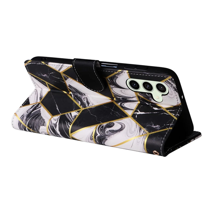 For Samsung Galaxy S24 FE Case Lacquered Marble Pattern Leather Phone Cover - Black - 4