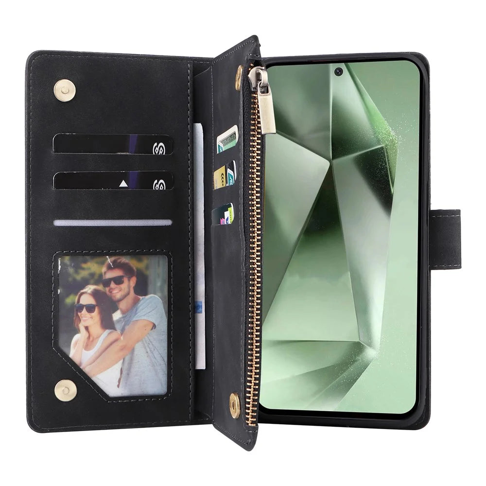 For Samsung Galaxy S24 FE Case Zipper Wallet PU Leather Flip Phone Cover - Black - 4