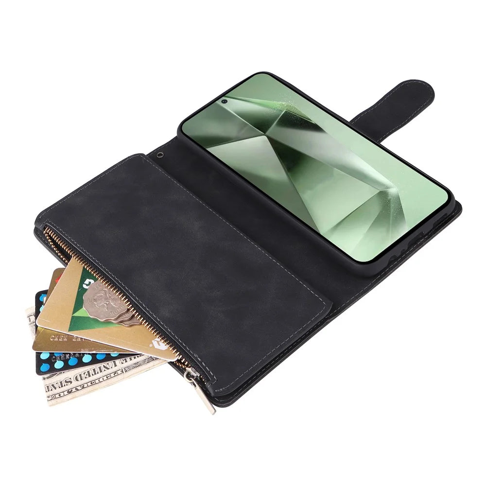 For Samsung Galaxy S24 FE Case Zipper Wallet PU Leather Flip Phone Cover - Black - 6