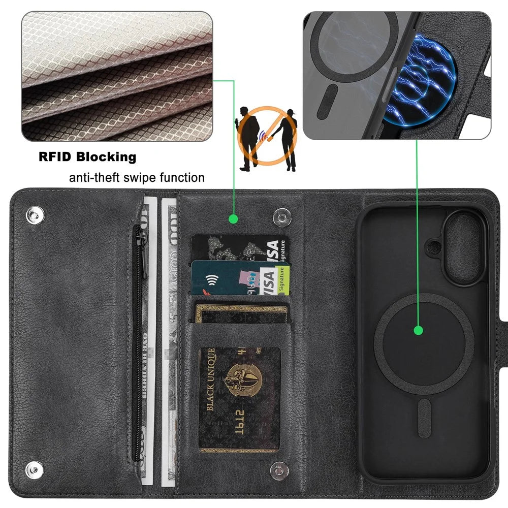 VILI GVB Series for iPhone 16 Plus Case Compatible with MagSafe Detachable Leather Phone Cover - Black - 3