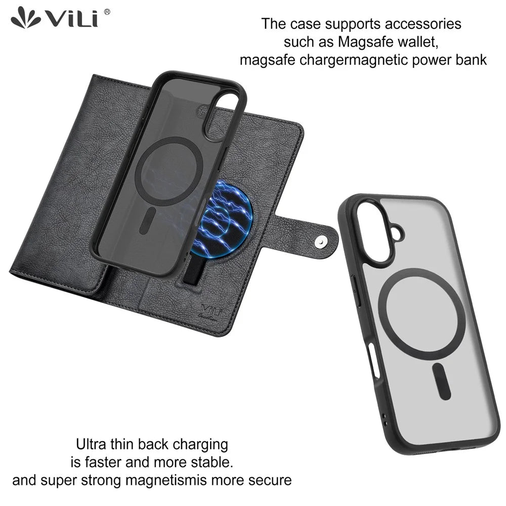 VILI GVB Series for iPhone 16 Plus Case Compatible with MagSafe Detachable Leather Phone Cover - Black - 4