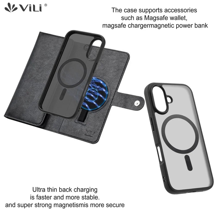 VILI GVB Series for iPhone 16 Plus Case Compatible with MagSafe Detachable Leather Phone Cover - Black - 4