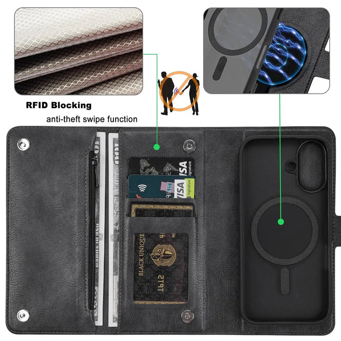 VILI GVB Series for iPhone 16 Magnetic Case Wallet Detachable PU Leather Phone Cover - Black - 3