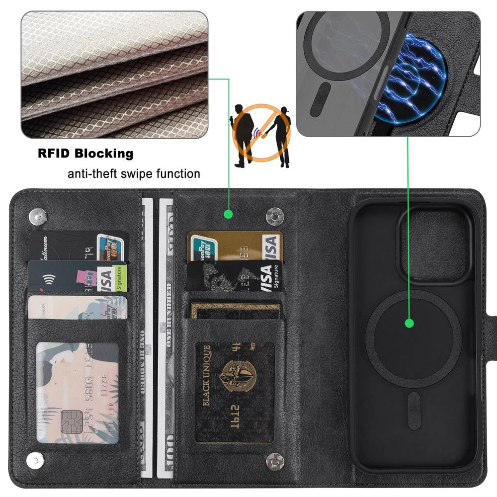 VILI GVA Series for iPhone 16 Pro Max Magnetic Case Detachable Leather Wallet Cover - Black - 3