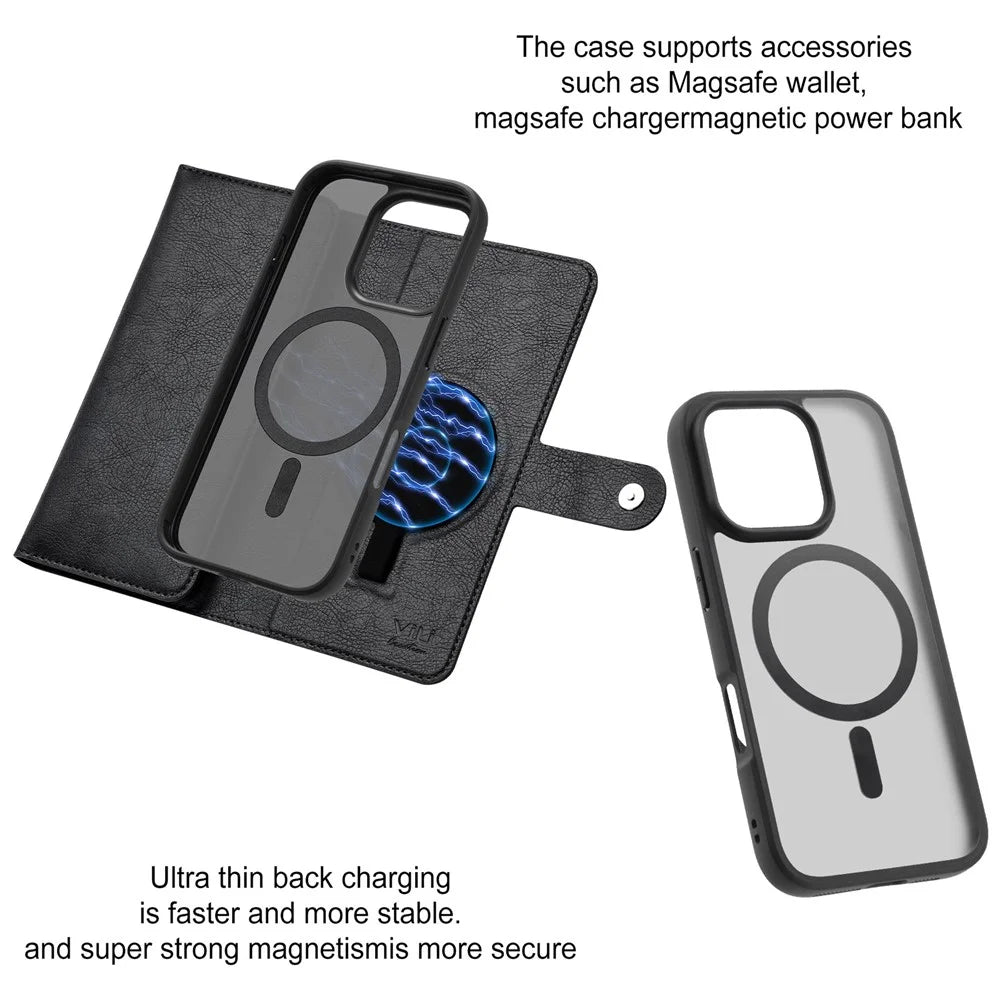 VILI GVA Series for iPhone 16 Pro Max Magnetic Case Detachable Leather Wallet Cover - Black - 4
