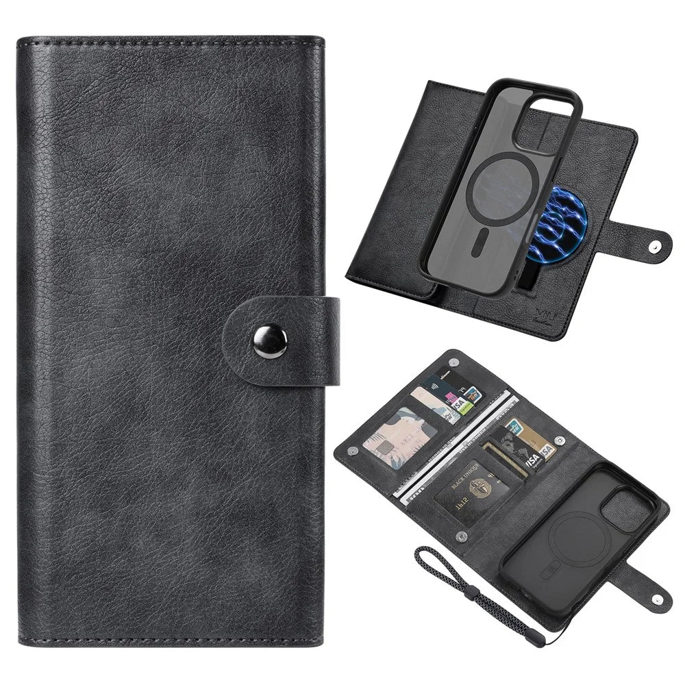 VILI GVA Series for iPhone 16 Pro Magnetic Phone Case Leather Cover Detachable 2-in-1 - Black - 1