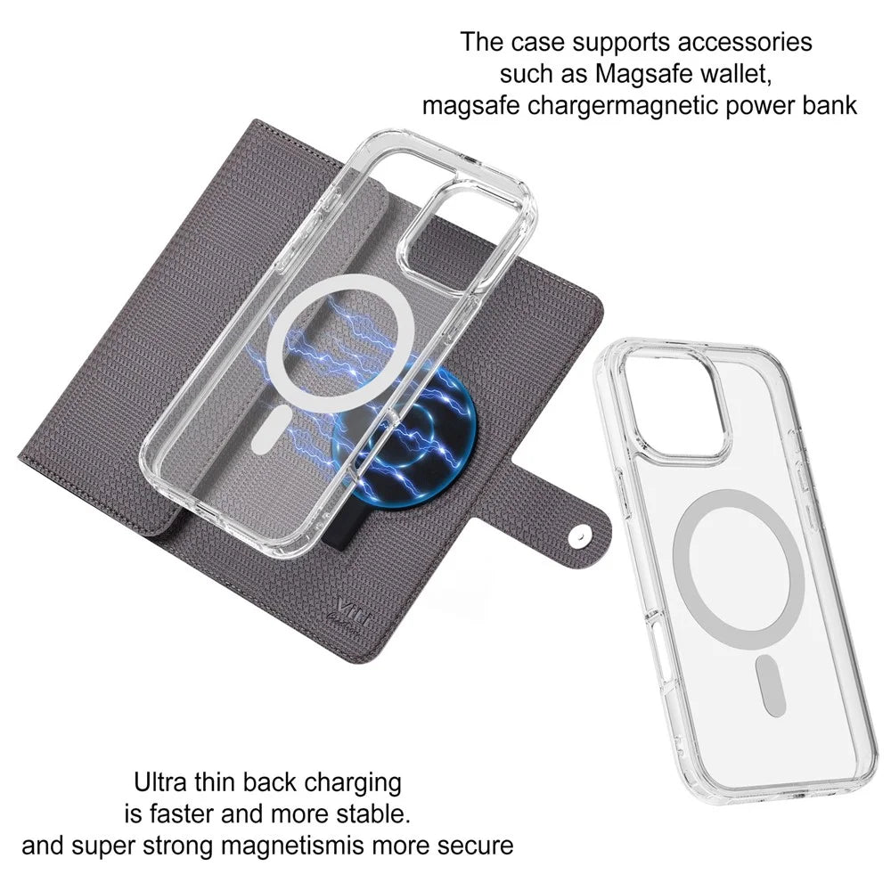 VILI GHB-C Series for iPhone 16 Pro Max Magnetic Case Detachable Leather Clear Phone Cover - Grey - 5