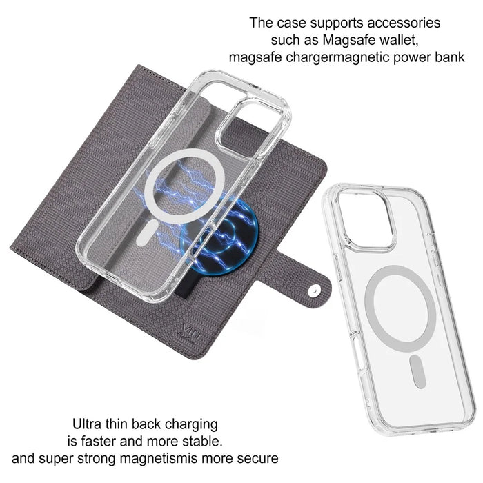 VILI GHB-C Series for iPhone 16 Pro Max Magnetic Case Detachable Leather Clear Phone Cover - Grey - 5