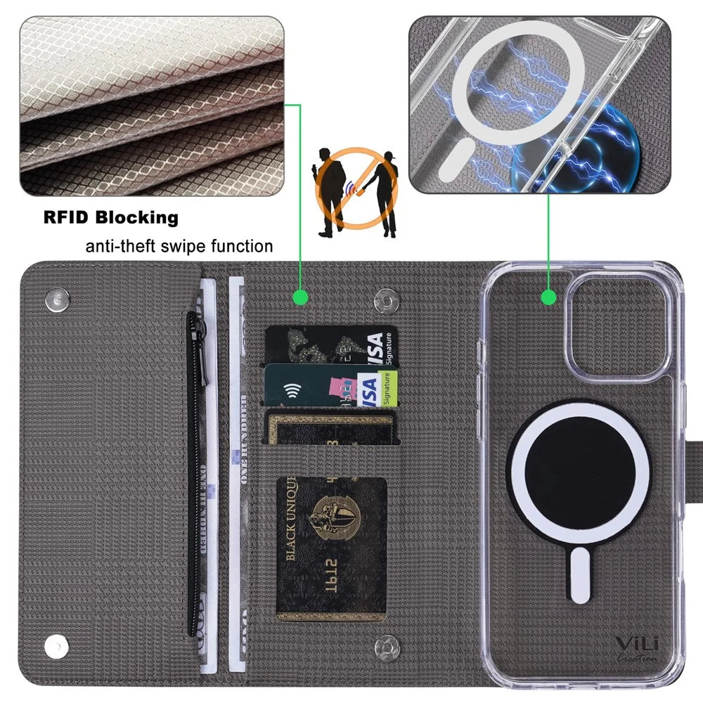 VILI GHB-C Series for iPhone 16 Pro Max Magnetic Case Detachable Leather Clear Phone Cover - Grey - 6