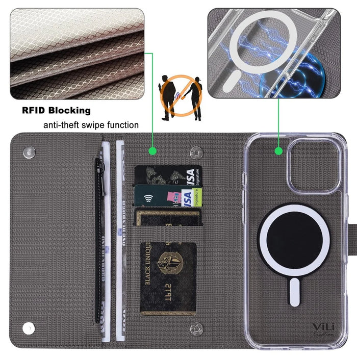 VILI GHB-C Series for iPhone 16 Pro Max Magnetic Case Detachable Leather Clear Phone Cover - Grey - 6