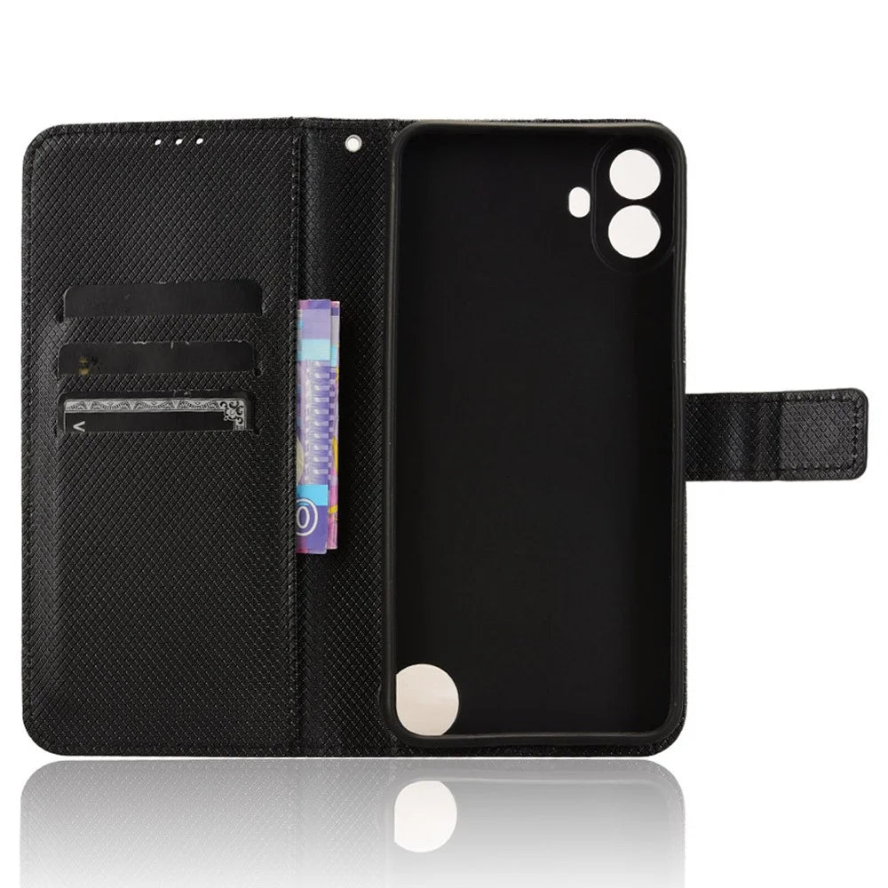 For Nothing CMF Phone 1 Case PU Leather Diamond Texture Shockproof Phone Cover - Black - 4
